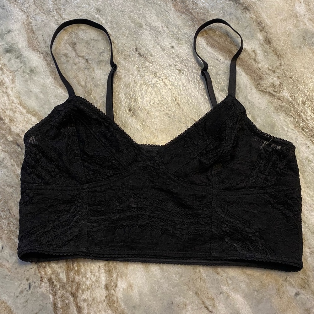 Free People intimately black lace long line v neck crop stretch bralette sz S